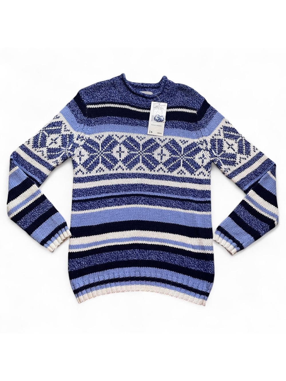 Basic Editions Fair Isle Snowflake Knit Sweater in Blue/White